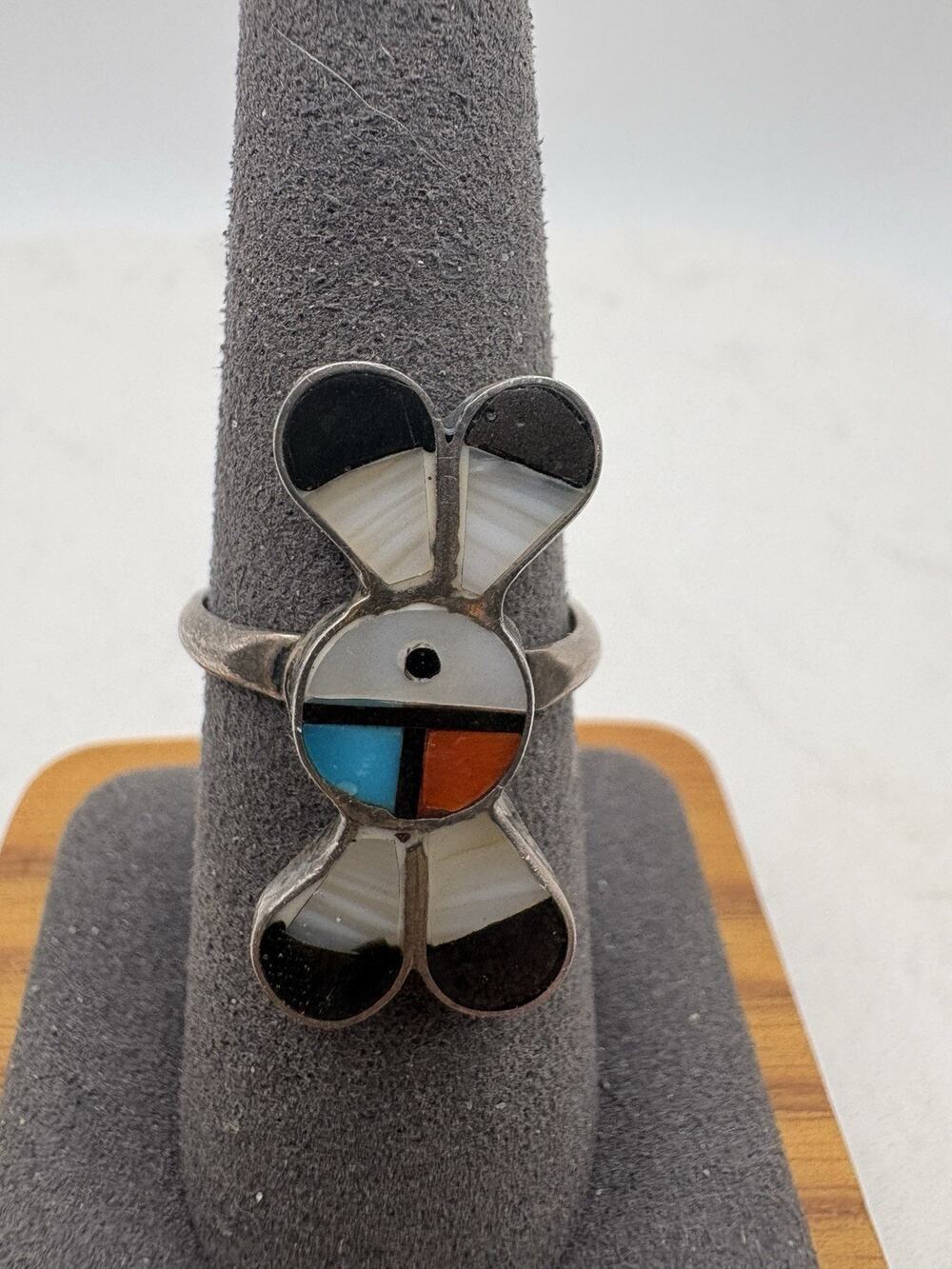 Vintage Zuni Sun Face Feathers Sterling Turquoise Coral Onyx MOP Ring Sz 7.25 4g